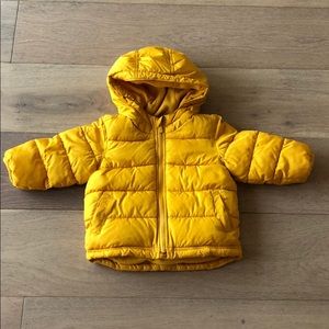Little boys yellow puffer jacket.